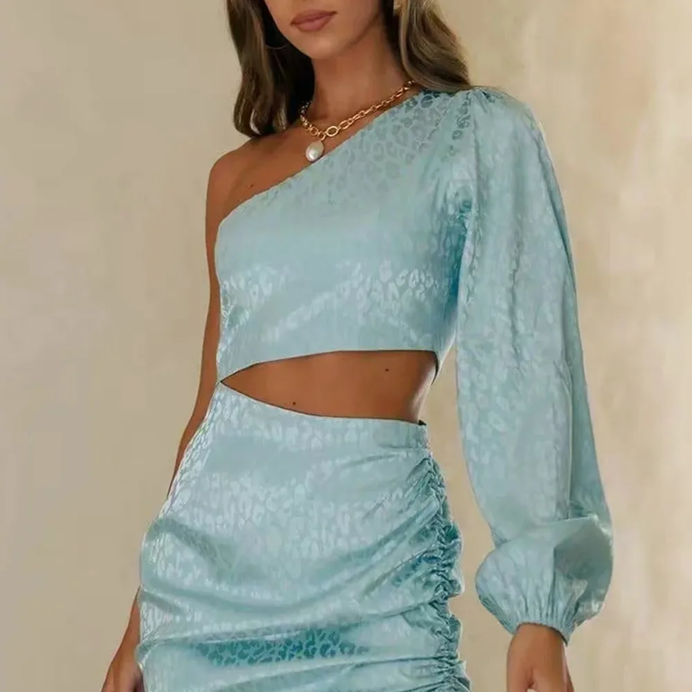 

2021 Blue Cropped Blouse Women Long Puff Sleeve Asymmetrical Ruching Summer Top Female Sexy Off Shouldre Shirts Chic Clothing