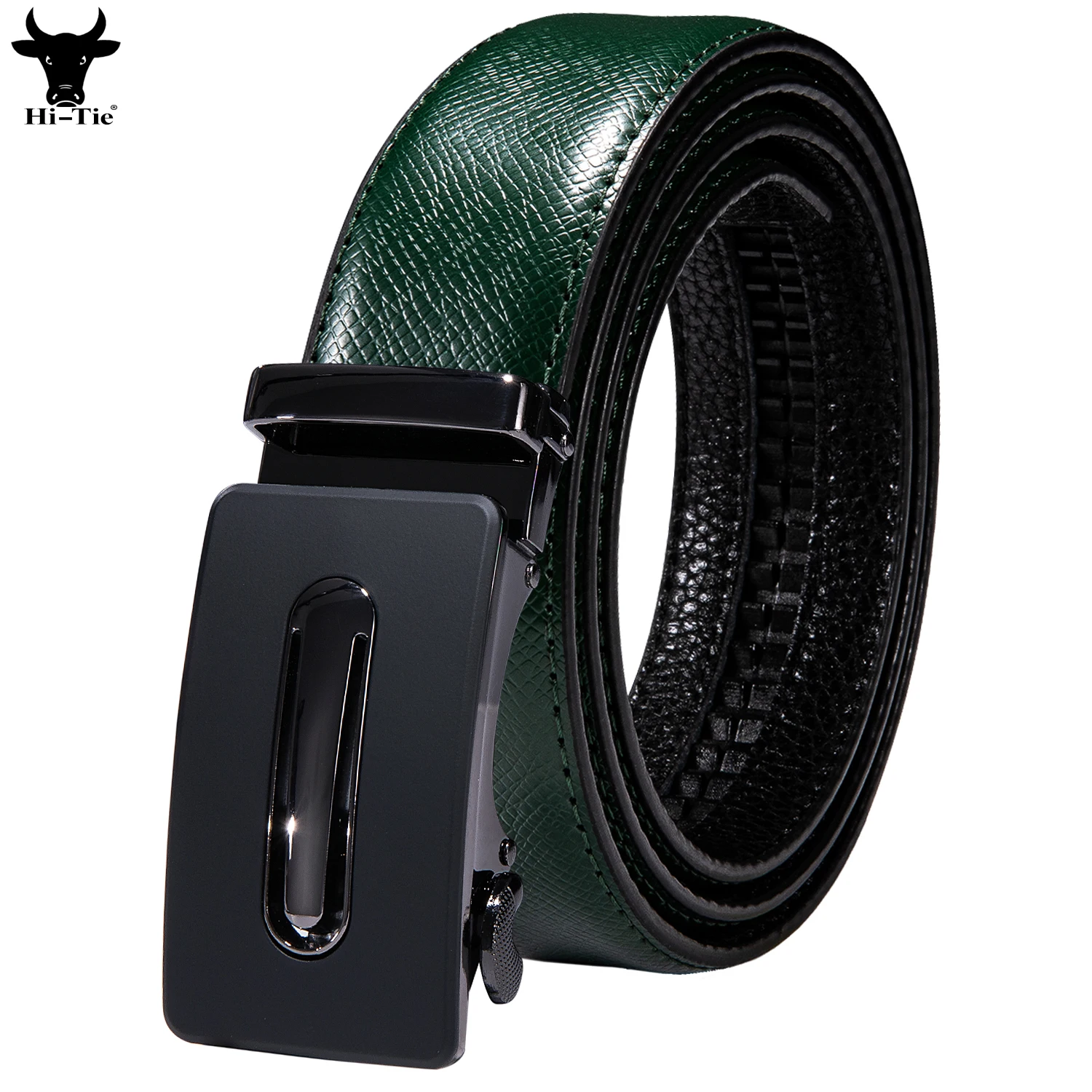 Fashion Green Genuine Leather Mens Belts Automatic Buckles Ratchet Belt For Men Boy Cowboy Waistband Wedding Business Party Gift