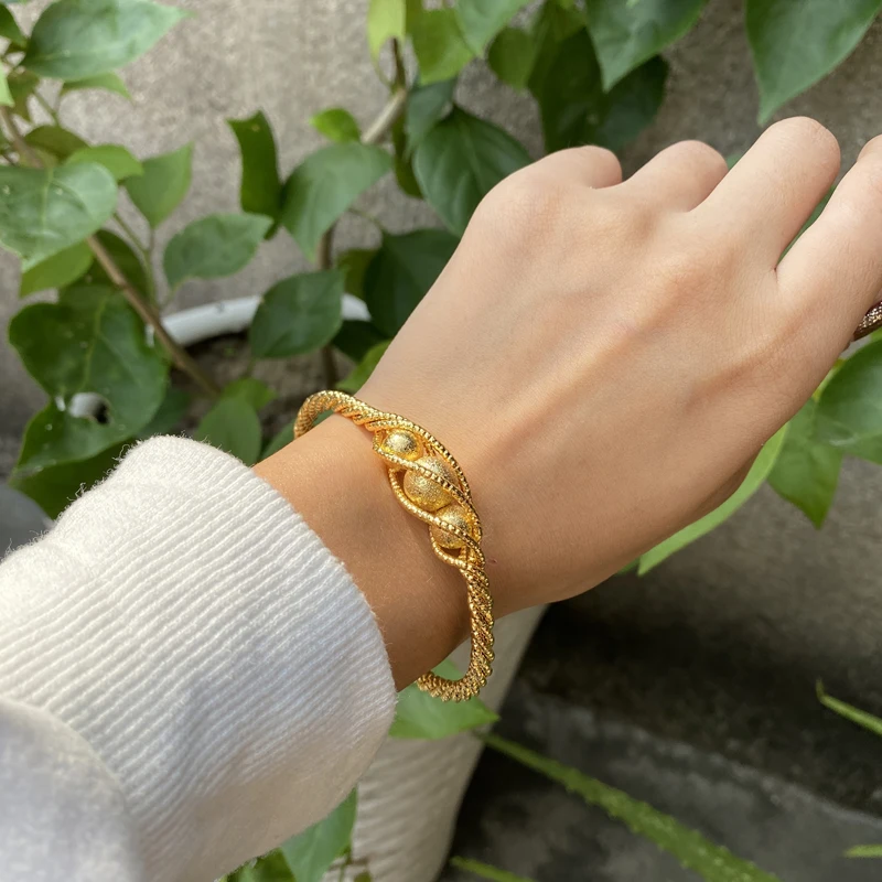 

1pcs Ethnic Bead Gold Color Dubai Bangles For Women 24k Ball Copper Saudi Arabic Bracelet Girls Africa Bangles Wedding Jewelry