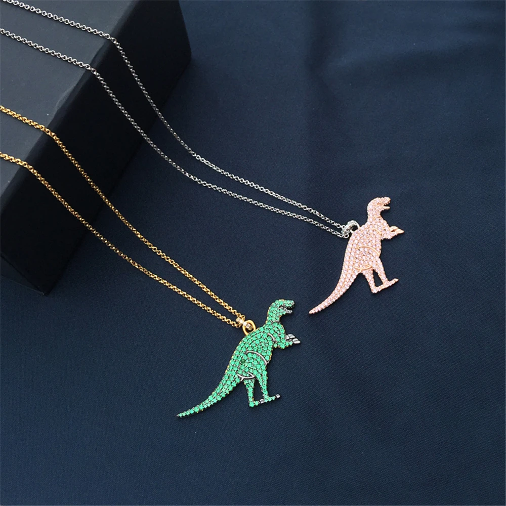 

S925 Sterling Silver dinosaur Necklace women's French light luxury pink diamond medium long clavicle chain women's neck chain