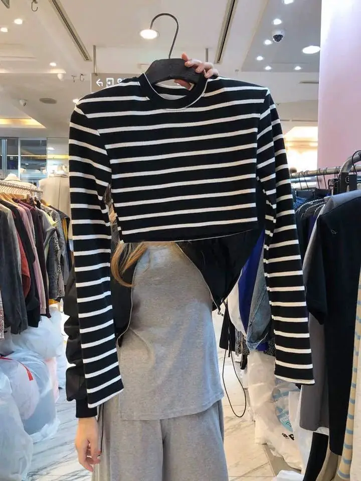 

dongdamen 2020 autumn new women's wear Korean round neck with thin stripe design short long sleeve T-shirt