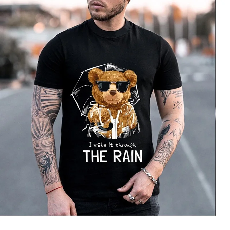 

2021 summer new men's T-shirt round neck casual fashion printed bear T-shirt Black Loose T-shirt m-3xl