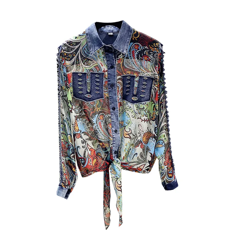 

Fashion Print Chiffon Spliced Denim Shirts Women Blouses 2021 New Retro Patchwork Lapel Hollow Long Sleeve Shirt Korean Tops