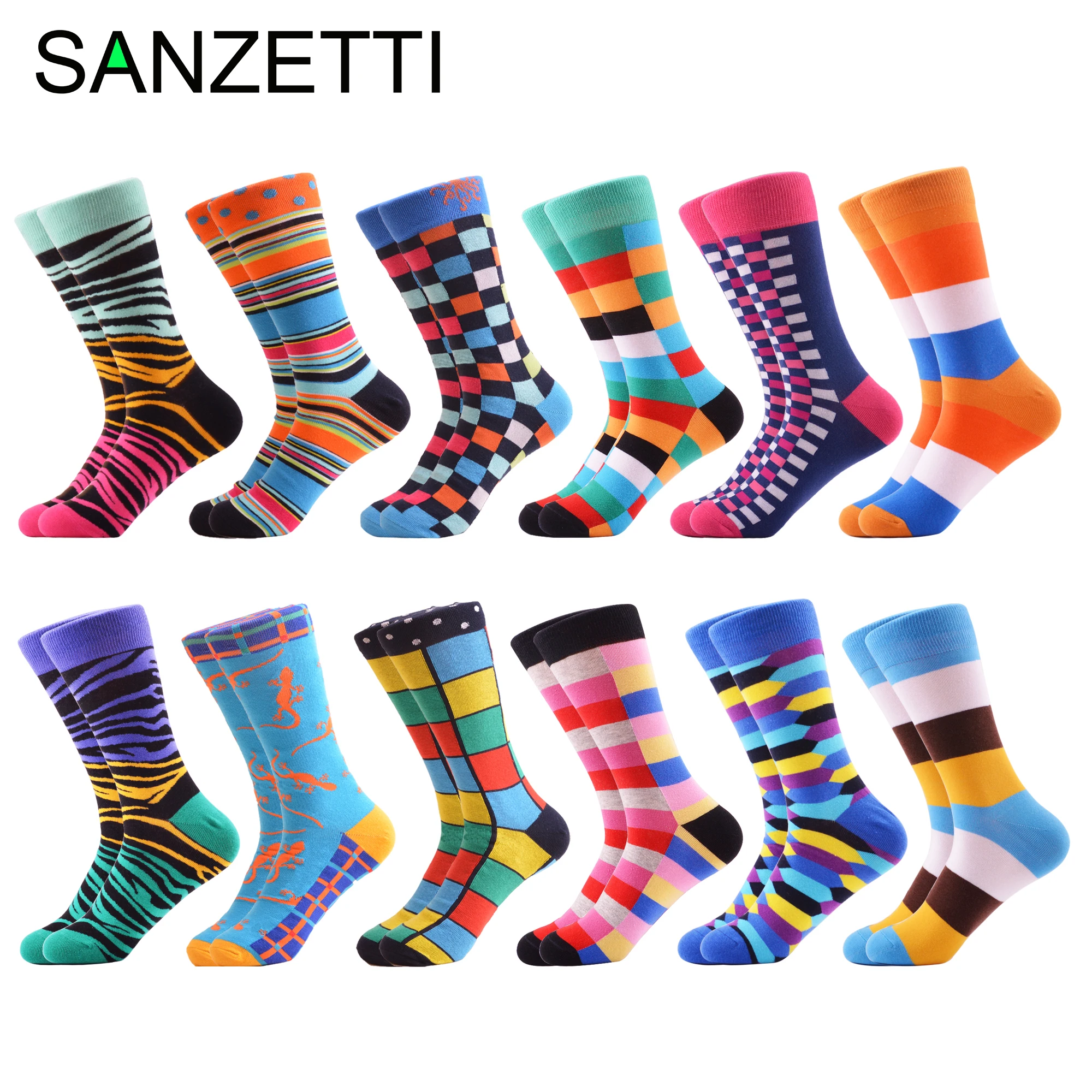 SANZETTI/12 пар/партия мужские повседневные забавные носки из чесаного хлопка