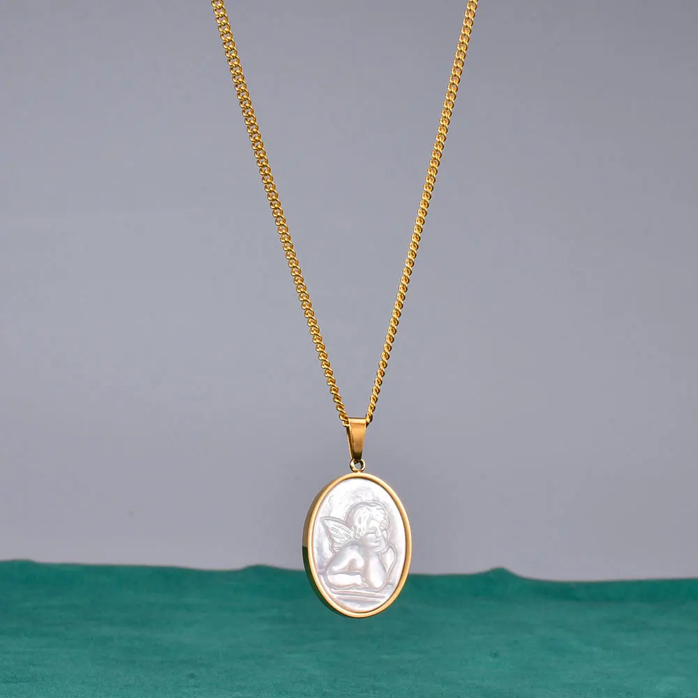 

Amaiyllis 18K Gold Little Angel Shell Fritillary Cupid Oval Necklace Pendants Gold Long Clavicle Necklace For Female Jewelry