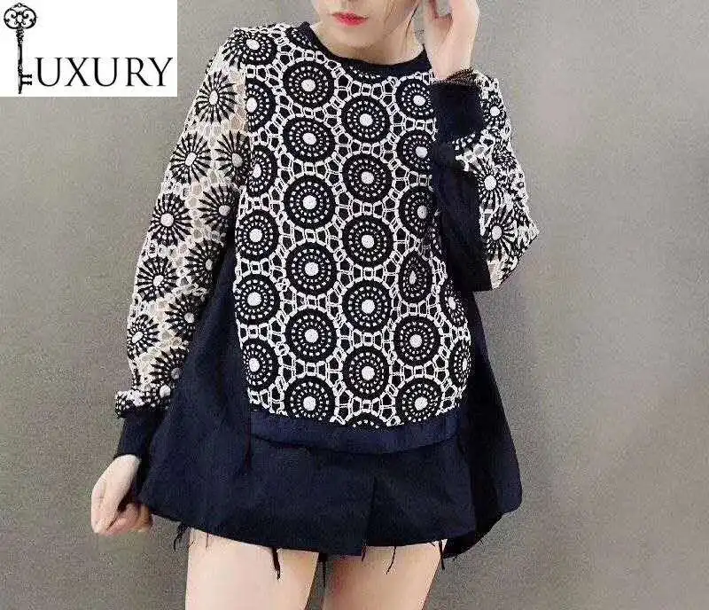 Blouses 2020 Spring Fashion Women O-Neck Crochet Lace Embroidery Patchwork Long Sleeve Asymmetrical White Dark Blue Tops Female