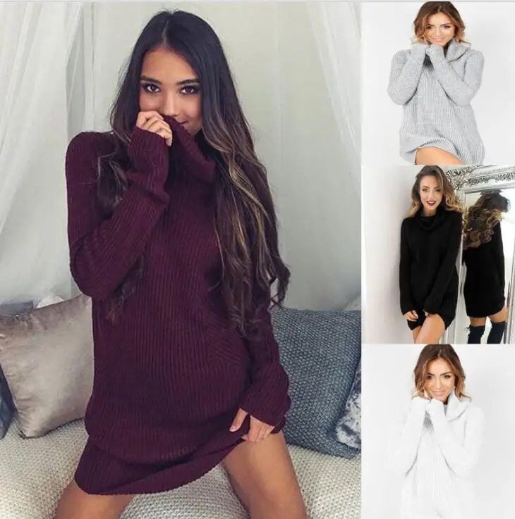 

fashion winter autumn Womens Casual Long Sleeve Jumper Turtleneck Sweaters Dress