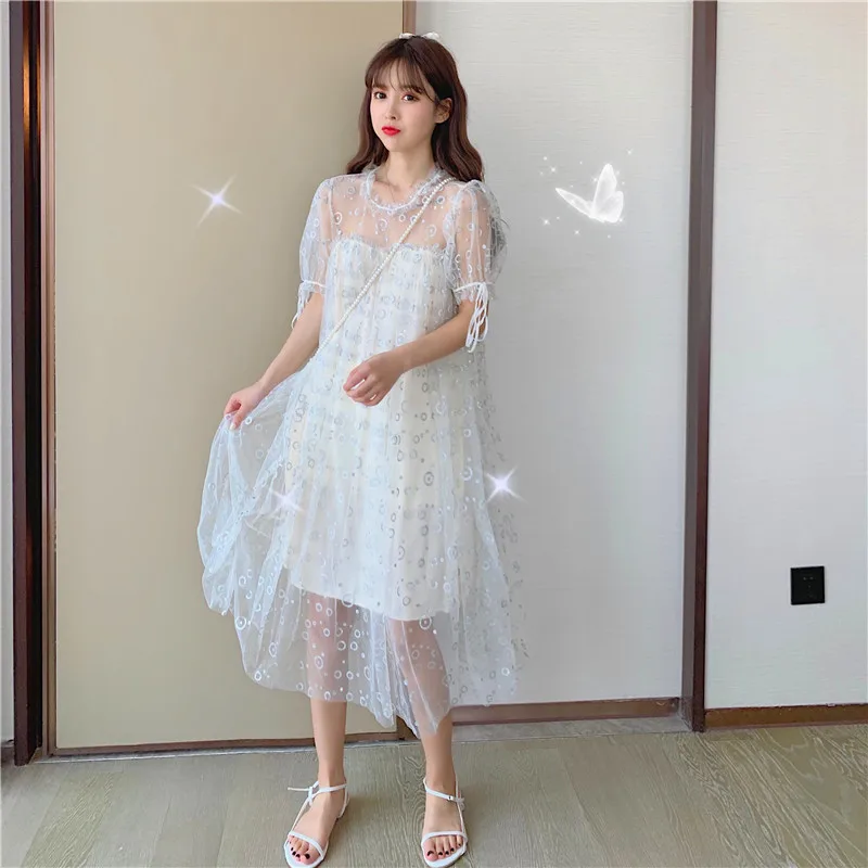 Женское свободное платье с юбкой откровенное сетчатое в корейском стиле круглым