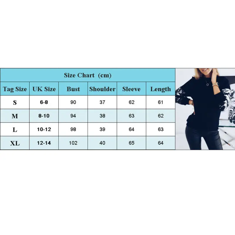 

Womens Sequins Long Sleeve Solid Black Pullover Ladies Casual Loose Jumper Tops New