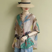 2020 summer new arts style plus size women short sleeve loose shirts cotton vintage print v neck blouses femme blusas m07