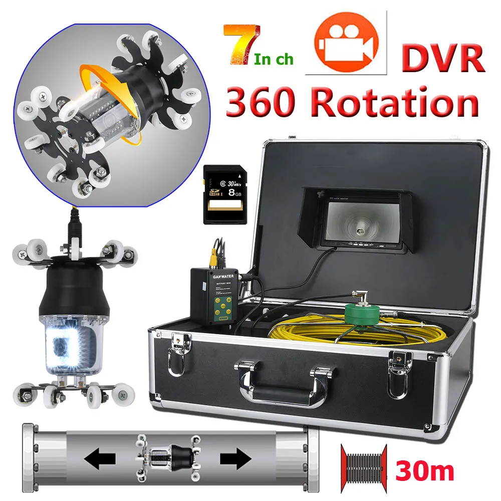 

7''DVR Recorder Pipe Inspection Video Camera Drain Sewer Pipeline Industrial Endoscope support IP68 38 LEDs 360° Rotating Camera