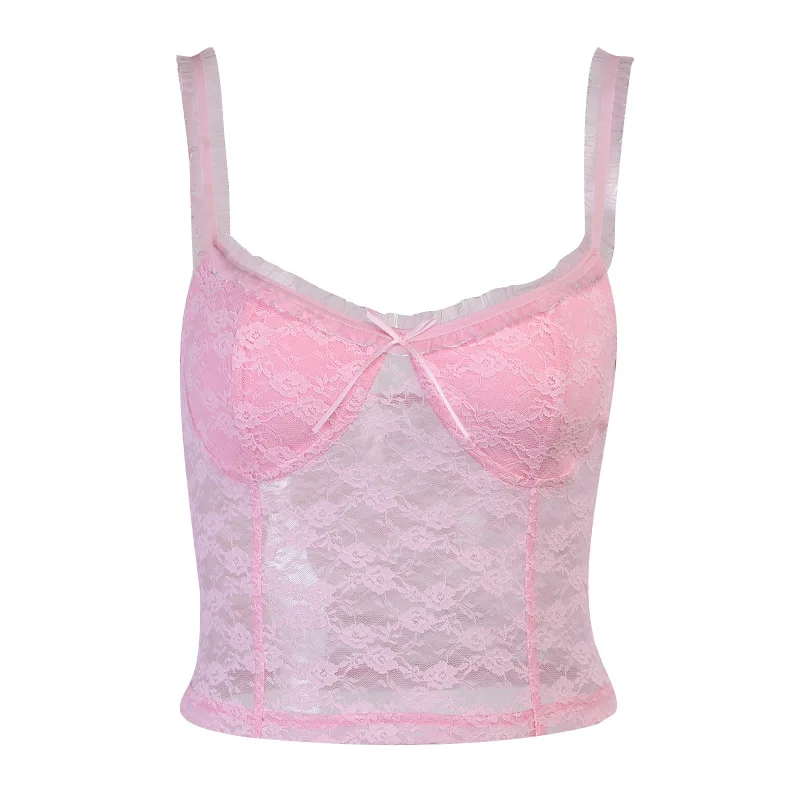 

2021 Pink Lace Women's Slim sling Push Up Bustier Night Club Party Crop Top New Corset Camise Bra Cropped Sexy Sweet youth Tops