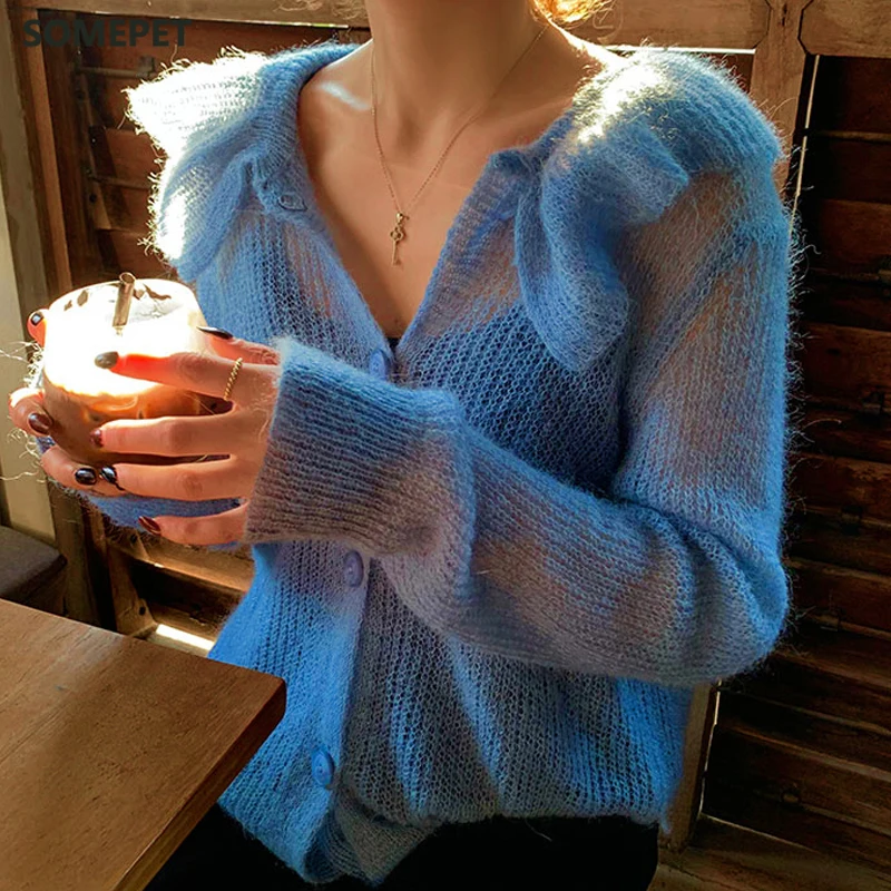 

Ruffled Top Collar Sweet Jacket Autumn Winter Mohair Thin Loose Sweater Knitted Cardigan Woman Clothes Truien Dames