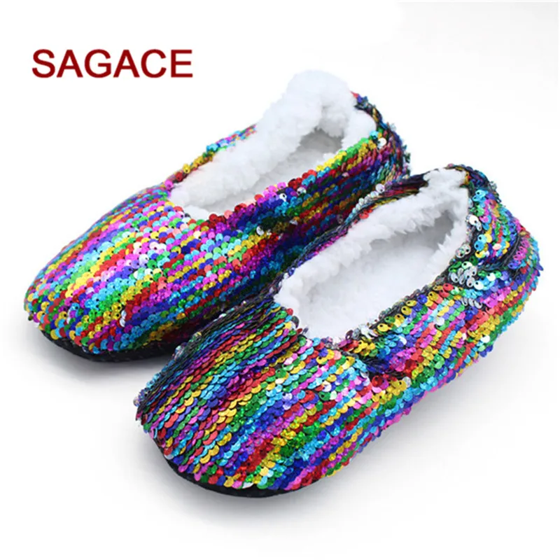 Женская зимняя обувь снежные домашние тапочки женские блестящие цветные блестки