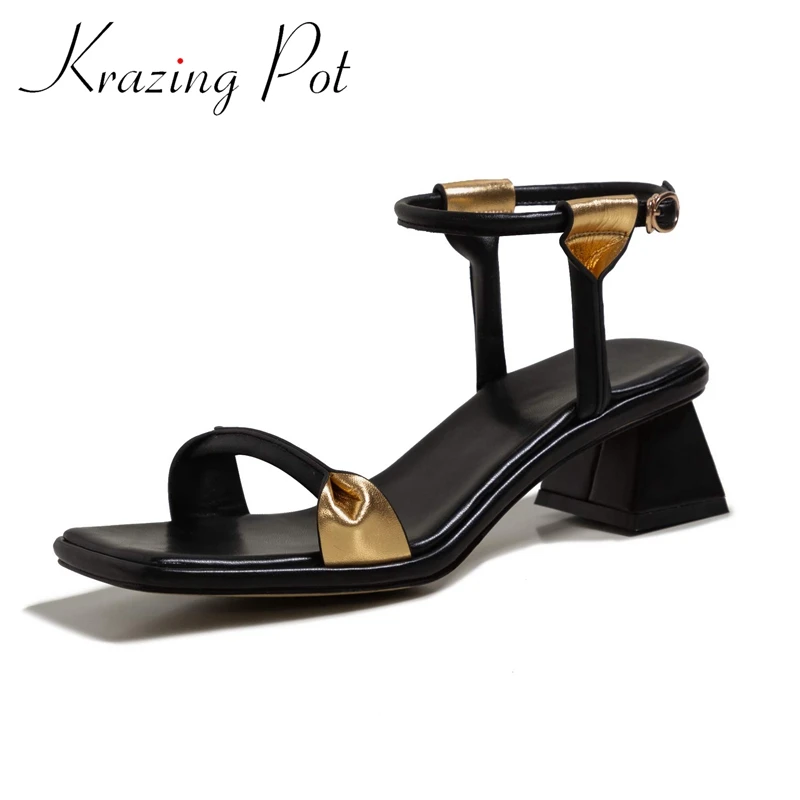 

Krazing pot 2021 genuine leather square toe strange style med heels peep toe high fashion buckle straps sandals women shoes L77