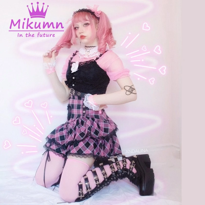 Розовая клетчатая плиссированная юбка в стиле Харадзюку для девочек мини