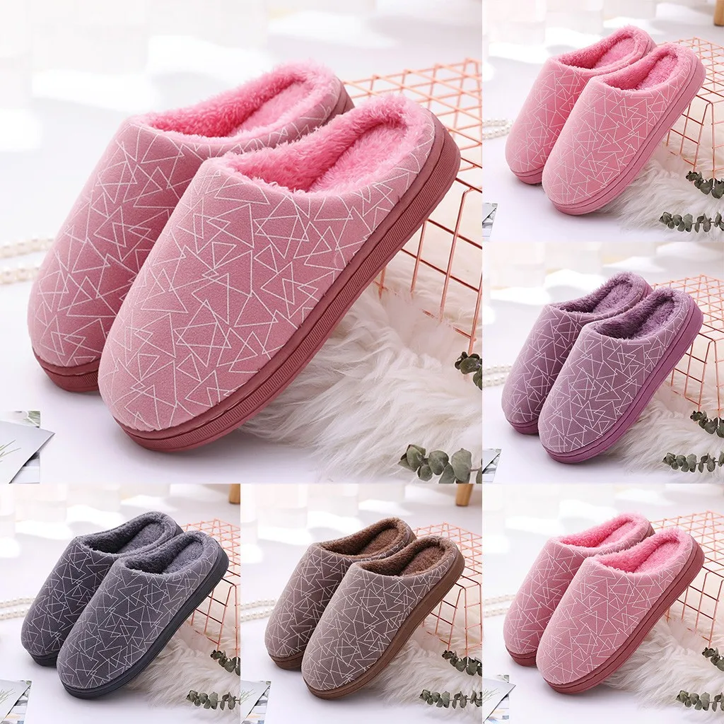 Geometric pattern non-slip warm home plush cotton slippers Couple indoors Flock Indoor room fioor #BA |