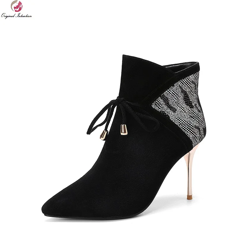 

Женские ботильоны с металлическим украшением, модная обувь на молнии разных цветов, женские зимние короткие ботинки с очень высоким острым ...