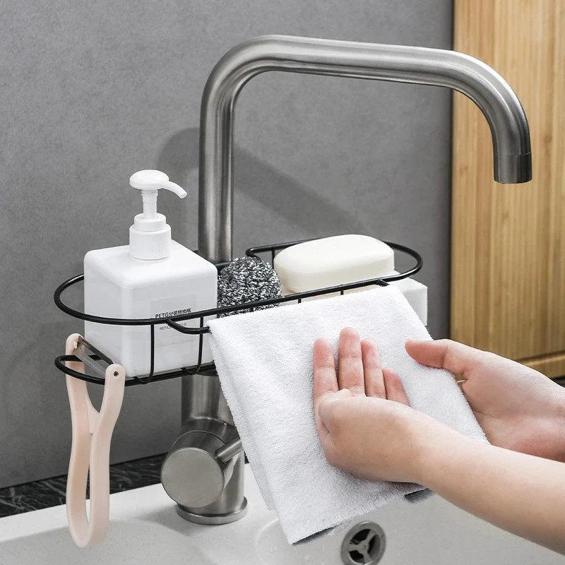 

Household Faucet Drain Rack Kitchen Supplies Sponge Brush Scouring Pad Iron Storage Shelf Rag Cleaning Tools Dish Cloth Holder