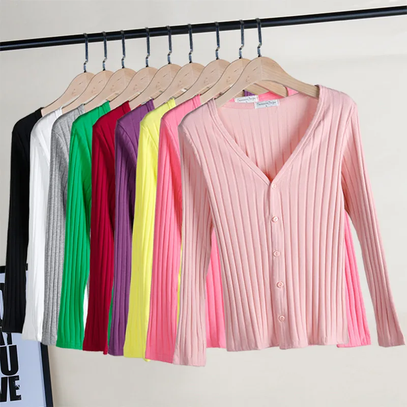 Женский трикотажный кардиган с V-образным вырезом длинным рукавом |