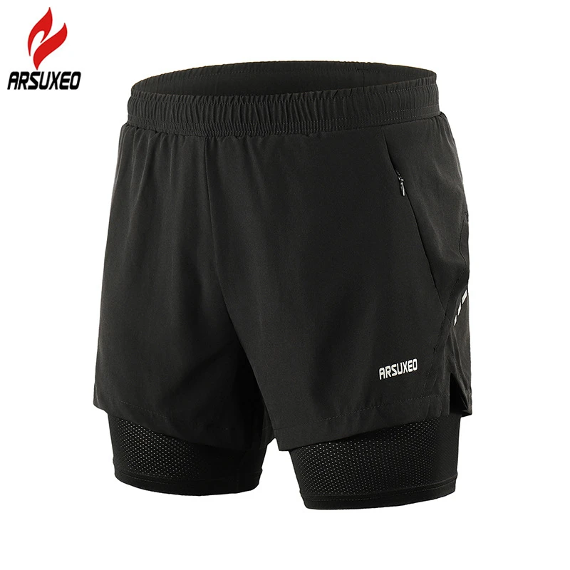 ARSUXEO Reflective Running Shorts Men Breathable 2 In 1 Gym Fitness Training Exercise Jogging Shorts with Liner Zipper Pocket