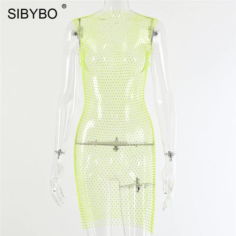 Цвет: желтый SIBYBO/сексуальное летнее пляжное платье в сеточку, украшенное бриллиантами, женское облегающее платье без рукавов, вечерние женские платья для ночного клуба - Цвет: Цвет: желтый