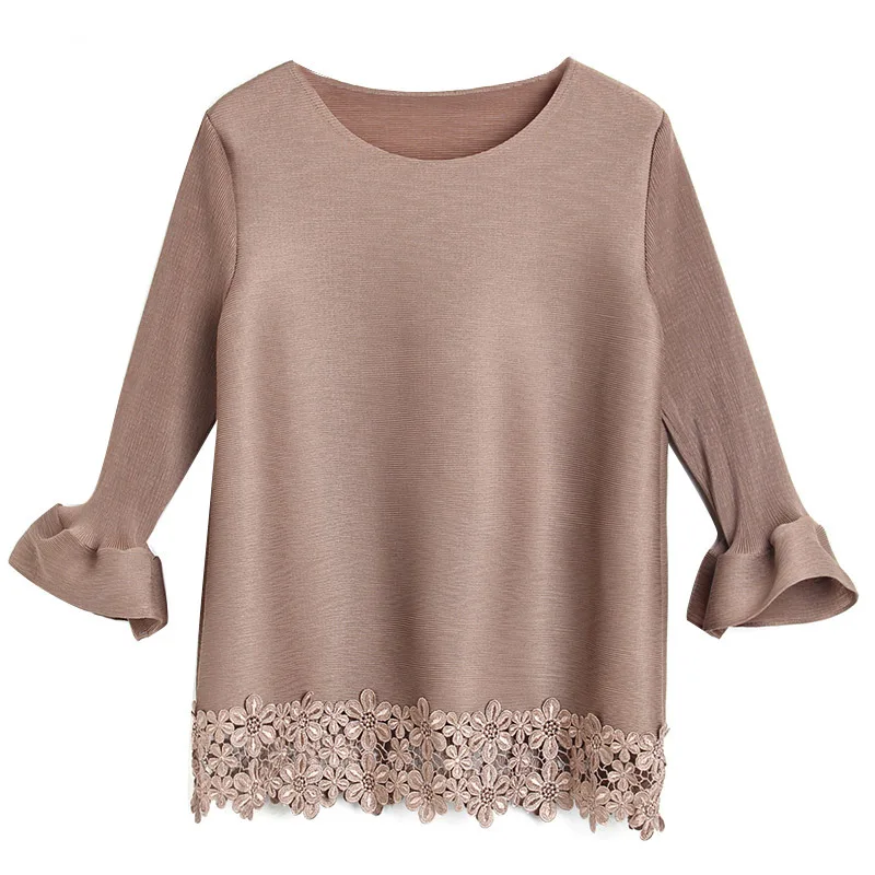 

Round Neck Flare Sleeve Spring And Autumn Loose Pleated T-shirt