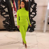 neon color casual women knitted suits simple turtleneck long sleeve basic pulloverstretchy sheath legging spring winter outfits