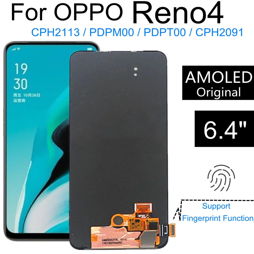 Pantalla LCD de repuesto para m&oacute;vil, montaje de digitalizador con pantalla t&aacute;ctil AMOLED Original para OPPO Reno4, CPH2113, Reno 4, PDPM00, CPH2091, PDPT00-1
