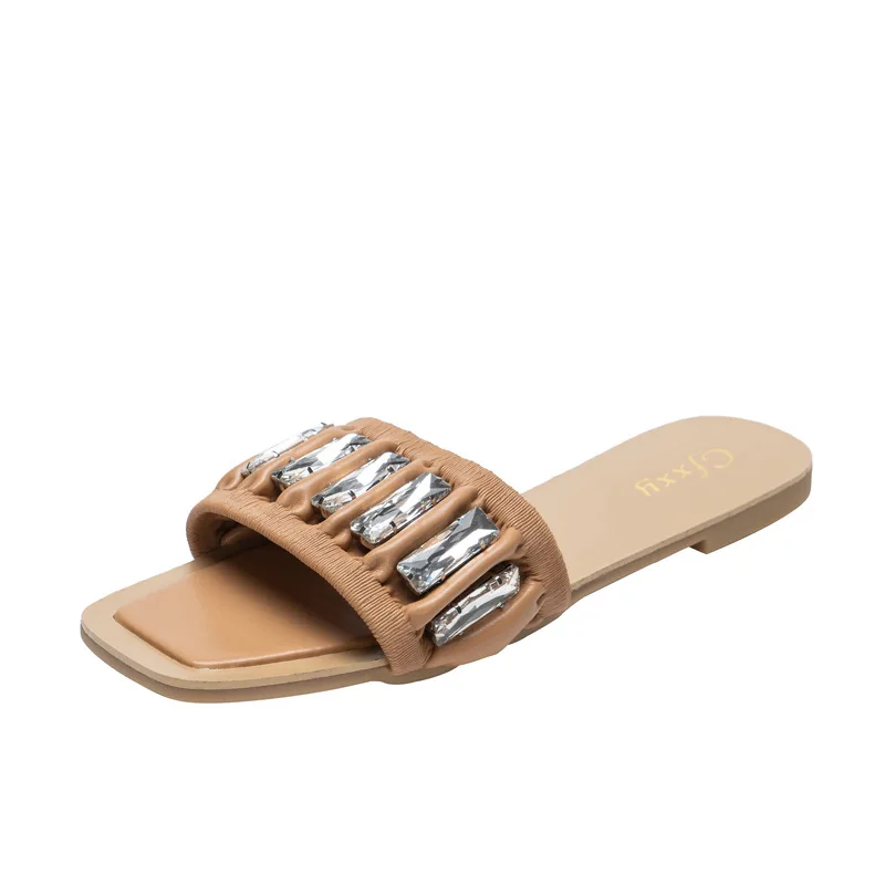 

2021 Fashion Pleated Crystal Slippers Women Pu Leather Flat Beach Slides Woman Low Heel Non Slip Rubber Shoes Ladies