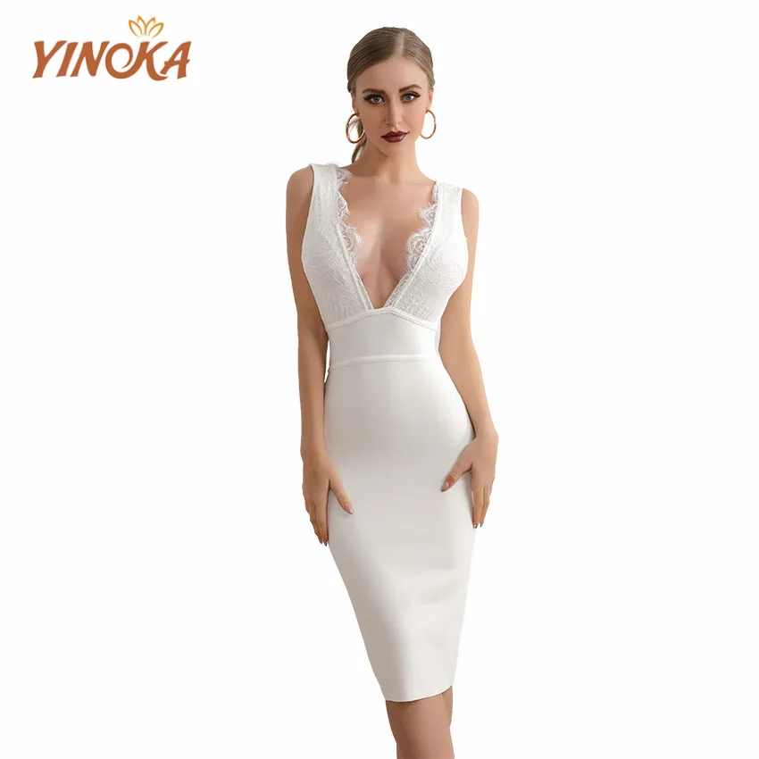 

Yinoka good design bandage woman dress 2020 lace white bodycon evening party club elegant dresses