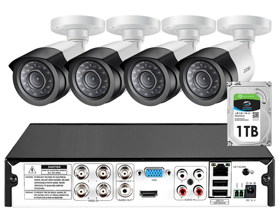 ZOSI 1080P 4 канала CVBS AHD CVI TVI 4-в-1 видеонаблюдения ночного видения безопасности Видео IP камера водонепроницаемая ip-камера наблюдения Системы DVR Kit