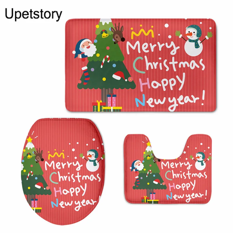 

Upetstory 3pcs Merry Christmas Toilet Seat Lid Cover Soft Flannel Absorbent Bathroom Mat Set Non Slip U-shaped Pedestal Carpet