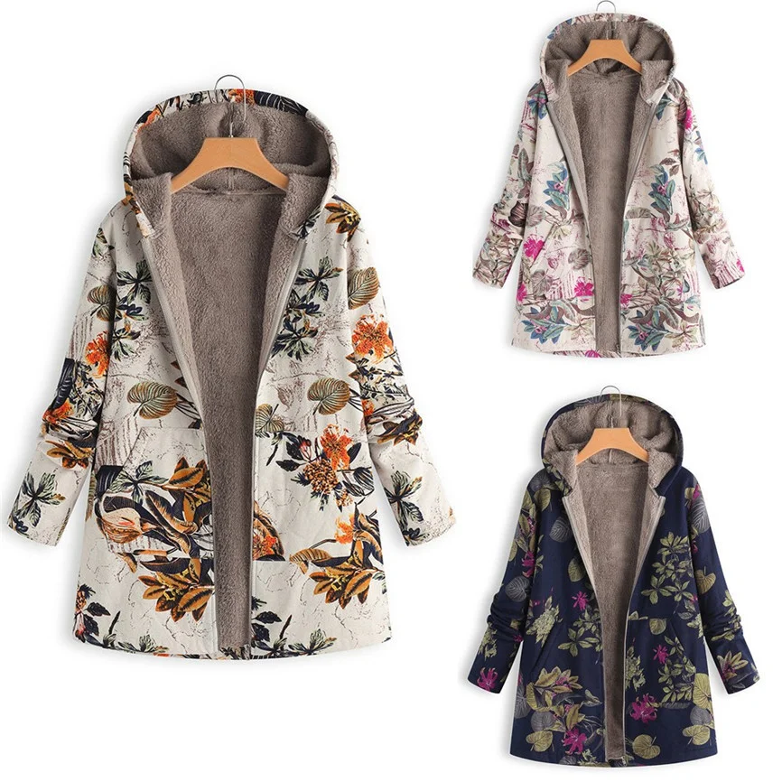 

Winter new women's su leaf print hooded long sleeve coat
