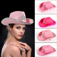 fashion western cowboy hat pink womens bucket hat cowgirl cap with sparkly sequins tiara decor holiday costume funny party hats
