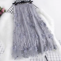 tigena fashion midi tulle skirt women new korean cute beautiful solid floral a line high waist long mesh skirt female pink gray