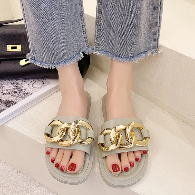 

Summer Women's Slippers Flat Metal Chain Slides Ladies 2021 New Open Toe Comfortable Beach Flip Flops Female Casual Shoes
