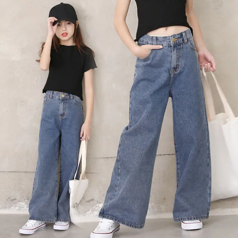 

Spring Autumn Kids Girls Vintage Retro Loose Straight Jeans Pants Teenage Girls Low Waist Wide Leg Denim Children Clothes X116