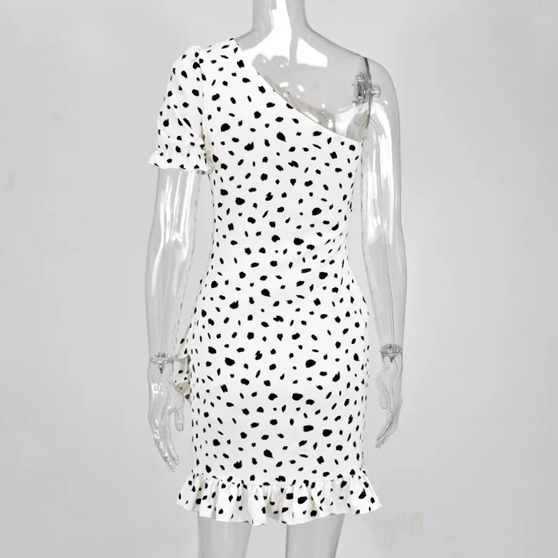 Black White Polka Dot Dress One Shoulder Short Sleeve Ruffles Summer Ladies Ruched Mini Women Vestidos 2020 Dresses | Женская одежда