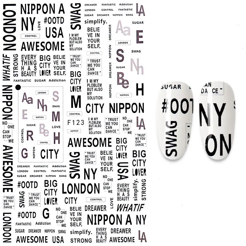 Inscriptions Nail Sticker English Words Letters Sentences Design Nail Art Decorations Manicure Designer Stickers for Nails F555