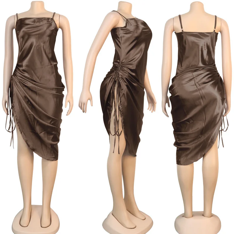 

New Fashion Sexy Women Spaghetti Strap Dress Drawstring Twist Design Satin Bodycon Dress