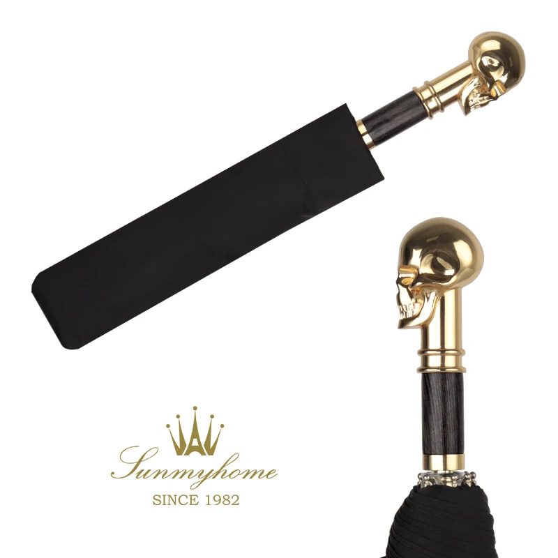 Offerte Degli Uomini Di Lusso Ombrello Donne Pioggia Ebano Maniglia Dorata Skull Antivento Mini Nero Di Affari Di Cerimonia Nuziale Parasol Parapluie Leggero E6