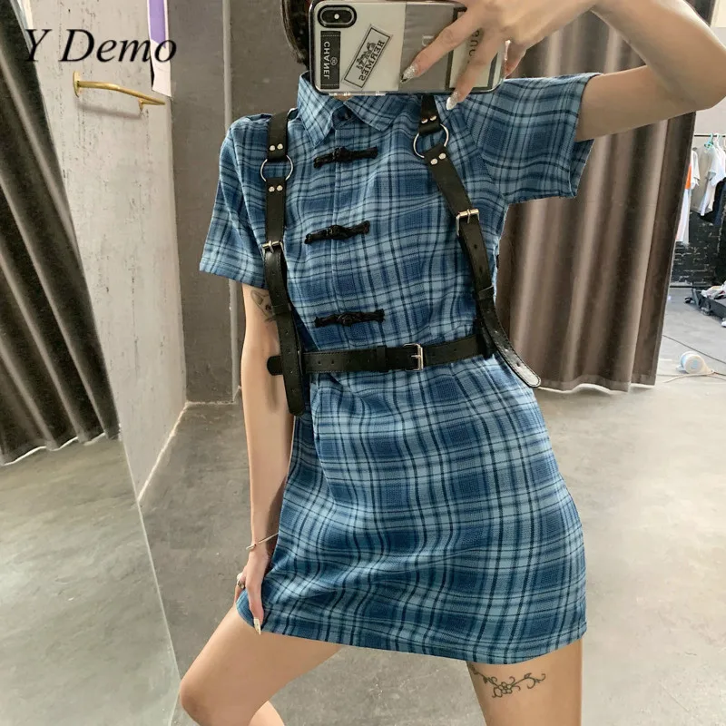 Женское винтажное платье в клетку с поясом из ПУ кожи|Женские платья| |