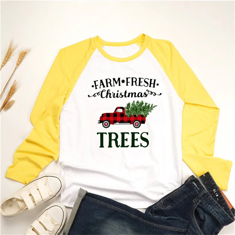 

Christmas Trees Letter Print Cute Graphic T shirt O-neck Raglan Sleeve Ladies T-shirt Farm Fresh Women Christmas Tshirts