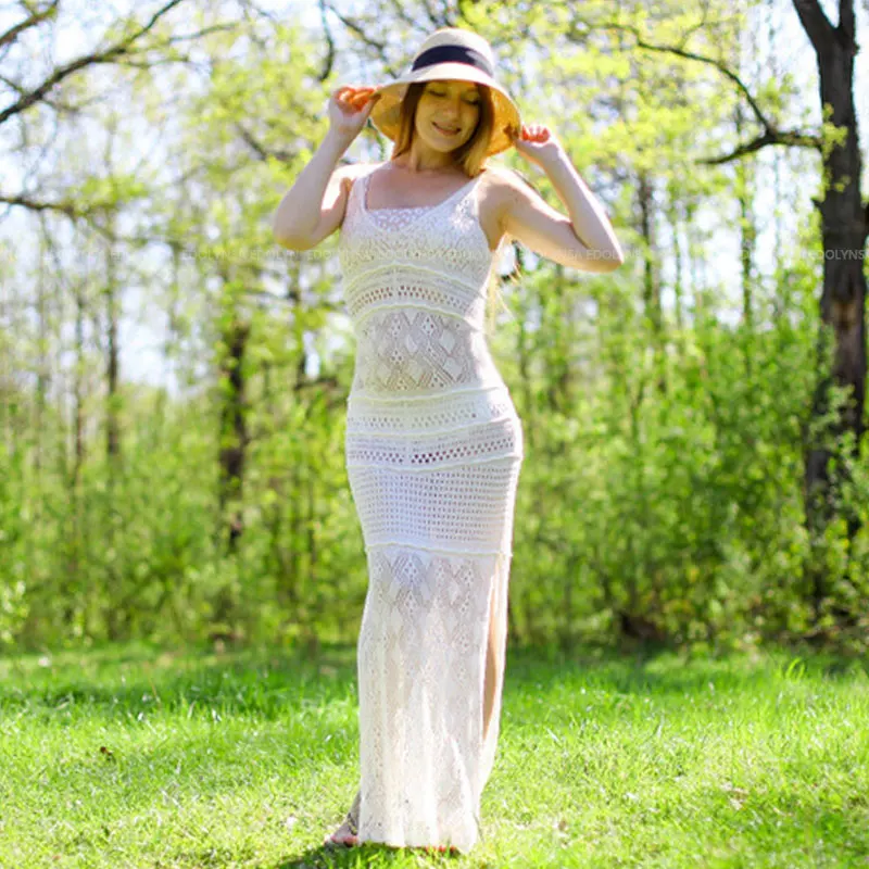 Длинная вязаная крючком Пляжная накидка туника парео купальный костюм для