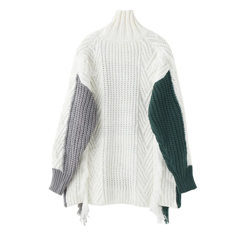 LANMREM 2020 Новая мода хит цвет лоскутное кисточкой свитер женский длинный рукав