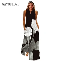 wayoflove 2022 sleeveless black dress summer beach casual elegant breathable long dresses woman v neck rose print womens dress
