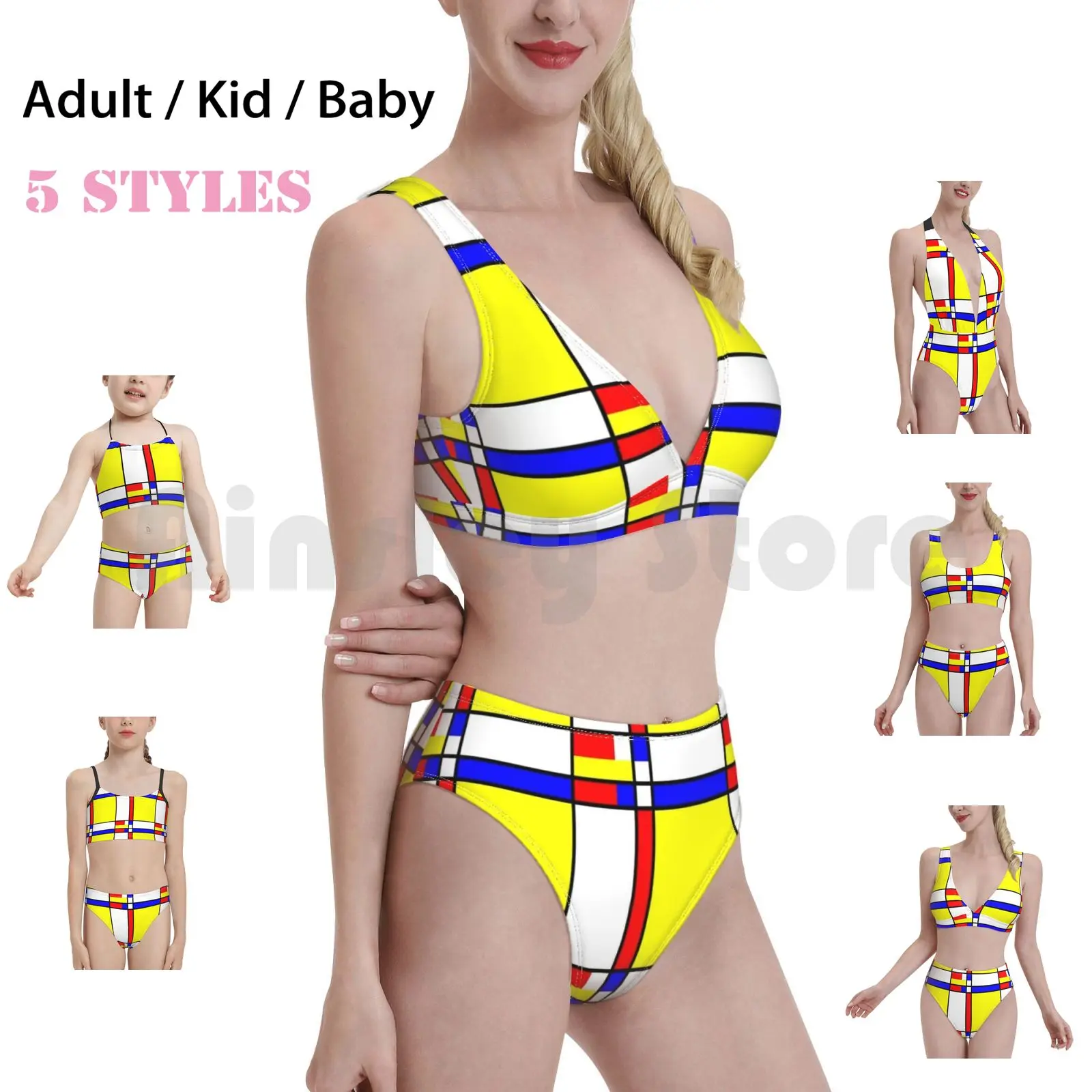 

Piet Mondrian Вдохновленный 5 купальник бикини с подкладкой высокой талией Piet Mondrian геометрический желтый красный синий абстрактный