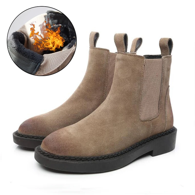 Женские ботинки martin; Замшевые женские ботинки «Челси»; Зимние ботильоны из натуральной кожи; зимние ботинки из коровьей кожи; женские ботинки высокого качества - Цвет: Sandy inside fur