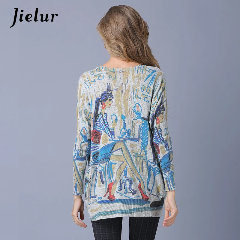 Jielur 2021 Europe Fashion Cartoon Lady Printed Sweater for Women Loose High Street Pullover Female Plus Size 3 Colors Sweaters | Женская